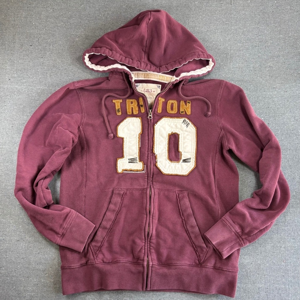 Triton Full Zip Hoodie Mens Adult Medium Burgundy Good Varsity Patch 10 Fleece